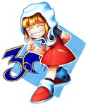  1girl android bangs blonde_hair blunt_bangs dress eyes_closed hood hood_up hooded_dress no_humans robot rockman rockman_11 roll shoes simple_background smile socks solo white_background 