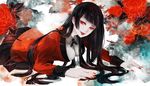  black_hair black_skirt crawling flower jabami_yumeko jewelry kakegurui lipstick long_hair looking_at_viewer makeup nail_polish necklace pantyhose red_eyes red_nails school_uniform signature skirt solo thumb_ring yum_(unlucky) 