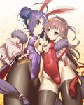  animal_ears ass_visible_through_thighs azur_lane bangs bare_shoulders bikini black_legwear blue_ribbon blunt_bangs breasts brown_hair bunny_ears bunnysuit covered_navel fingernails gradient gradient_background grin hair_bun hair_ribbon hairband hand_on_hip highleg highleg_leotard highres jacket leotard long_hair looking_at_viewer medium_breasts multiple_girls ning_hai_(azur_lane) pantyhose ping_hai_(azur_lane) purple_eyes purple_hair purple_leotard red_bikini ribbon small_breasts smile swimsuit tassel thighhighs tomoyuki_kotani underboob white_hairband yellow_background 