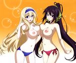  10s 2girls absurdres bikini black_hair blonde_hair blue_eyes blush breast_press breasts cecilia_alcott cleavage female highres infinite_stratos large_breasts long_hair looking_at_viewer multiple_girls navel official_art open_mouth photoshop shinonono_houki smile standing swimsuit symmetrical_docking topless yuuki_homura 