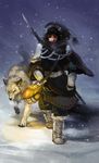  armor bag black_hair boots canine claws clothed clothing collar detailed_background duo earmuffs egg female feral footwear fully_clothed fur gloves glowing hair human lancermoo mammal melee_weapon outside pawpads polearm pouch snow snowing spear tunic weapon white_fur wolf 