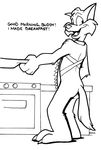  apron black_and_white breakfast cirruskitfox clothing cooking dialogue english_text jake_clawson monochrome nude swat_kats text 