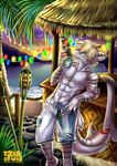  alcohol bar beach beverage blonde_hair boardshorts clothed clothing cocktail fin fish hair marine muscular palm_tree party relaxing retro sea seaside shark summer sunset tiki topless torch toxi_de_vyne_(artist) tree water 