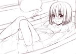  bathtub blush collarbone commentary_request covering covering_breasts greyscale hitodama knees_up konpaku_youmu konpaku_youmu_(ghost) looking_at_viewer monochrome no_hairband nori_tamago nose_blush nude short_hair sketch smile solo touhou water window work_in_progress 