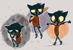  2017 ambiguous_gender anthro baseball_bat boots cat clothed clothing crouching digital_media_(artwork) feline female finchwing footwear grey_background hand_on_head hi_res holding_object looking_back looking_down mae_(nitw) mammal night_in_the_woods notched_ear outline red_eyes sad simple_background solo spread_arms standing tightrope walking yellow_sclera 