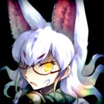  animal_ears bangs bell black_background blonde_hair blue_hair extra_ears eyebrows eyebrows_visible_through_hair eyelashes facial_mark fox_ears glasses green_hair hair_between_eyes jingle_bell kemono_friends kyuubi_(kemono_friends) looking_at_viewer multicolored_hair open_mouth orange_hair portrait rainbow_hair red-framed_eyewear red_hair sakuragi_rian semi-rimless_eyewear short_hair simple_background solo tongue tsurime under-rim_eyewear upper_body white_hair yellow_eyes 