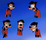  blue_background cirruskitfox clothed clothing disney goof_troop gradient_background half-closed_eyes happy looking_up male max_goof naughty_face reaction_image simple_background smile teeth 