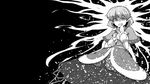  bangs black_background capelet clenched_teeth commentary_request cowboy_shot eyebrows_visible_through_hair greyscale hand_up highres looking_at_viewer mizuhashi_parsee monochrome pointy_ears short_hair skirt solo sunatoshi teeth touhou 