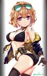  ass belt bikini black_bikini black_bikini_bottom black_bikini_top black_gloves black_legwear breasts brown_hair cleavage collar commentary_request eyebrows_visible_through_hair eyewear_on_head franz_(217franz) girls_frontline gloves grizzly_mkv_(girls_frontline) highres jacket medium_breasts purple_eyes short_hair solo sunglasses swimsuit tattoo thighhighs twisted_torso twitter_username 