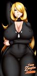  1girl arm_up blonde_hair blush breast_hold breasts covered_navel erect_nipples hair_over_one_eye hips huge_breasts long_hair looking_at_viewer pokemon pokemon_(game) pokemon_dppt shirona_(pokemon) solo tensa-zangitsu thick_thighs thighs very_long_hair wide_hips 