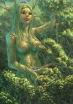  2.5d bird breasts dryad giantess highres large_breasts monster_girl nipples pixiv_fantasia pixiv_fantasia_4 plant_girl solo tree 