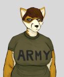  2018 angry annoyed anthro army big_breasts breasts canine clothed clothing colored english_text female fox half-length_portrait hi_res hladilnik mammal military peggy_patterson portrait shirt soldier solo t-shirt text tight_clothing 