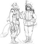  2018 anthro armor army black_and_white canine clothed clothing dog female fox helmet hi_res hladilnik mammal military monochrome peggy_patterson samantha_thott simple_background soldier uniform 