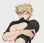  bara biting biting_clothes black_shirt blonde_hair breast_squeeze breasts commentary_request cowboy_shot cum cum_on_body cum_on_boy facial glasses granblue_fantasy green_eyes holding_arm long_sleeves male_focus muscle nipples one_eye_closed open_mouth pectorals rollermet shirt shirt_lift simple_background solo suggestive_fluid surprised sweatdrop upper_body vane_(granblue_fantasy) 