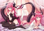  :q aqua_eyes arm_support ass baseness bed_sheet black_gloves black_legwear black_panties breasts cleavage collarbone covered_nipples detached_sleeves dragon_girl dragon_tail dual_persona elbow_gloves elizabeth_bathory_(fate) elizabeth_bathory_(fate)_(all) eyebrows_visible_through_hair fan fate/grand_order fate_(series) gloves hair_between_eyes head_wreath heart_tail_duo highres horns indoors intertwined_tails long_hair lying medium_breasts multiple_girls nipples on_stomach panties petals pillow pointy_ears red_hair side-tie_panties sitting small_breasts smile tail thighhighs tongue tongue_out underwear untied untied_panties very_long_hair white_legwear window 