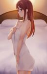  1girl bangs bare_shoulders bed blush breasts brown_eyes brown_hair cleavage collarbone deneb_(noble324) eyebrows_visible_through_hair highres idolmaster idolmaster_cinderella_girls indoors large_breasts long_hair looking_at_viewer mifune_miyu naked_towel solo standing towel white_towel 