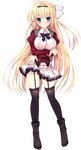  :o black_legwear blonde_hair blue_eyes blush boots braid crossed_arms eyebrows_visible_through_hair full_body garter_straps hair_ornament hairband hairclip haruoto_alice_gram highres juliet_sleeves kuonji_kazuha_(harugura) long_hair long_sleeves looking_at_viewer mitha official_art one_side_up pleated_skirt puffy_sleeves skirt solo standing thighhighs transparent_background very_long_hair 