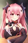  bare_shoulders black_dress commentary_request detached_sleeves dress endsmall_min fang hair_ornament highres krul_tepes long_hair looking_at_viewer owari_no_seraph pink_hair pointy_ears red_eyes ribbon smile solo very_long_hair 