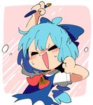  arm_up ascot blue_bow blue_dress blue_hair blue_wings blush bow cirno closed_eyes dress holding holding_pen ice ice_wings moyazou_(kitaguni_moyashi_seizoujo) no_nose open_mouth pen short_hair short_sleeves solo sweat touhou upper_body wings 