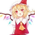  arms_behind_back ascot blonde_hair fang fingernails flandre_scarlet hat hat_ribbon head_tilt honotai looking_at_viewer medium_hair mob_cap open_mouth pointy_ears puffy_short_sleeves puffy_sleeves red_eyes red_ribbon red_skirt ribbon short_sleeves simple_background skirt skirt_set solo touhou vest white_background white_hat wings yellow_neckwear 