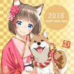  2018 animal_ears bangs blue_eyes blush brown_hair chinese_zodiac closed_mouth commentary_request dog dog_ears eyebrows_visible_through_hair flower hair_flower hair_ornament happy_new_year head_tilt highres japanese_clothes kimono lips looking_at_viewer nengajou new_year original pink_kimono saruchitan shiba_inu short_hair smile solo upper_body year_of_the_dog 