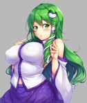  blue_skirt breasts commentary_request covered_nipples detached_sleeves eyebrows_visible_through_hair fingernails frog_hair_ornament green_eyes green_hair grey_background hair_between_eyes hair_ornament hair_tubes highres impossible_clothes kochiya_sanae large_breasts long_hair looking_at_viewer simple_background skirt snake_hair_ornament snowcanvas solo touhou upper_body wing_collar 