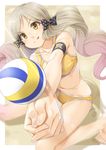  :q blurry bow breasts buruma depth_of_field handa_roko idolmaster idolmaster_million_live! long_hair low_twintails medium_breasts miri_(ago550421) polka_dot polka_dot_bow solo sports_bra tongue tongue_out twintails volleyball 