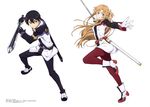 1girl absurdres artist_name asuna_(sao) black_eyes black_gloves black_hair black_pants brown_eyes brown_hair floating_hair gloves hair_between_eyes highres holding holding_sword holding_weapon kirito leg_up long_hair looking_at_viewer outstretched_arms pants pantyhose red_pants sheath simple_background smile stance standing standing_on_one_leg sword sword_art_online torii_takashi very_long_hair weapon white_background white_gloves 
