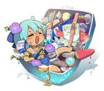  =_= ball barefoot blue_hair blush bottle brush bubble chibi cirno closed_eyes commentary_request dripping fish flower food hair_flower hair_ornament in_container jewelry light_bulb locket milk_carton moyazou_(kitaguni_moyashi_seizoujo) open_mouth paintbrush pencil pendant popsicle purple_flower shadow short_hair sleeveless solo spaghetti_strap suitcase sweat tan tanline tanned_cirno tape tennis_ball touhou watermelon_bar white_background 