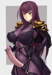  armor bodysuit breasts commentary covered_nipples cowboy_shot cum english_commentary erection fate/grand_order fate_(series) futanari gold_trim hand_on_own_penis large_breasts large_penis long_hair looking_at_penis mikoyan open_mouth penis purple_bodysuit purple_hair red_eyes scathach_(fate)_(all) scathach_(fate/grand_order) shoulder_armor simple_background skin_tight solo standing sweatdrop uncensored 