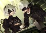  1girl bad_id bad_pixiv_id black_blindfold black_dress black_hairband blindfold carchet closed_mouth commentary covered_eyes dress food hairband mole mole_under_mouth nier_(series) nier_automata open_mouth short_hair smile white_hair yorha_no._2_type_b yorha_no._9_type_s 