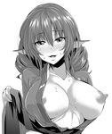  breasts breasts_outside commentary_request eyebrows_visible_through_hair greyscale head_fins japanese_clothes kimono kirisaki_byakko large_breasts long_hair looking_at_viewer mermaid monochrome monster_girl nipples smile solo sweat touhou upper_body wakasagihime 