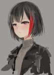  bang_dream! black_hair frown gradient grey_background highlights jacket leather leather_jacket looking_at_viewer mitake_ran multicolored_hair purple_eyes red_hair short_hair solo turtleneck wataichi_meko 