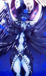  ass_visible_through_thighs black_hair blue_background blue_flower blue_rose blue_skin breasts facing_viewer flower hair_over_eyes hands highres horns jewelry large_breasts lucifer_the_fallen_angel navel necklace oreca_battle petals psyche_oreca rose solo standing wings 