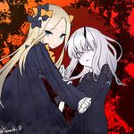  abigail_williams_(fate/grand_order) albino bangs black_bow black_dress blonde_hair blue_eyes bow breasts dress eyebrows eyebrows_visible_through_hair eyes_visible_through_hair facing_another fate/grand_order fate_(series) frilled_sleeves frills hair_between_eyes hair_bow highres horn lavinia_whateley_(fate/grand_order) long_hair long_sleeves multiple_girls no_pupils orange_bow palms parted_bangs purple_eyes red_background silver_hair small_breasts straight_hair striped striped_dress tsurime twitter_username vertical-striped_dress vertical_stripes white_skin yashiro_(3-aki) 