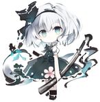  bow bowtie character_name chibi commentary floral_print full_body green_eyes green_skirt hair_ribbon katana konpaku_youmu konpaku_youmu_(ghost) kotatu_(akaki01aoki00) looking_at_viewer ribbon sheath sheathed short_hair skirt solo standing sword touhou weapon white_background white_hair 