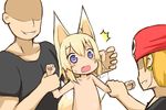  1girl 2boys ahoge animal_ears arm_grab bald bandana bangs black_shirt blonde_hair blush_stickers collarbone comic earrings evil_smile eyebrows_visible_through_hair faceless faceless_male fang fox_ears fox_girl fox_tail greenteaneko hair_between_eyes highres jewelry light_brown_hair long_hair multiple_boys muscle no_nipples nude open_mouth original purple_eyes shaded_face shirt short_sleeves silent_comic simple_background skull_print smile tail wavy_mouth white_background 