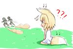  1girl 2boys ?? animal_ears bare_arms blonde_hair comic day directional_arrow disappointed dress fleeing fox_ears fox_girl fox_tail grass greenteaneko highres long_hair looking_away multiple_boys on_grass open_mouth original outdoors purple_eyes running sitting sleeveless sleeveless_dress sweat tail wariza wavy_mouth white_dress 