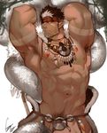  abs bara black_hair closed_mouth gomtang looking_at_viewer male_focus multicolored_hair muscle navel nipples pectorals penis_peek pointy_ears pubic_hair simple_background solo stomach_tattoo tangaroa tattoo tokyo_houkago_summoners white_background white_hair yellow_eyes 