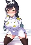  absurdres animal_ears atago_(azur_lane) azur_lane bangs black_hair blush breasts brown_eyes buttons closed_mouth commentary_request extra_ears garter_straps gloves highres large_breasts long_hair looking_at_viewer military military_uniform misonikomi mole mole_under_eye nose_blush pencil_skirt ribbon skirt solo swept_bangs uniform white_gloves white_ribbon white_skirt 