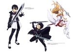  1girl absurdres arm_up artist_name asuna_(sao) black_eyes black_gloves black_hair black_pants brown_hair chikaoka_sunao detached_sleeves dual_wielding fingerless_gloves floating_hair full_body gloves highres holding holding_sword holding_weapon kirito long_hair miniskirt pants pleated_skirt red_skirt sheath short_hair simple_background skirt standing sword sword_art_online thighhighs very_long_hair weapon white_background white_legwear yokota_masafumi 