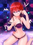  barefoot bat_wings bespectacled blush book bra breasts cleavage glasses head_wings highres koakuma large_breasts long_hair looking_at_viewer navel panties purple-framed_eyewear purple_bra purple_panties pyonsuke_(pyon2_mfg) red_eyes red_hair sitting smile solo strap_slip touhou underwear underwear_only wariza wings 