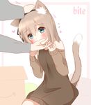  animal_ears bangs biting blue_eyes blush box brown_hair cardboard_box cat_ears cat_girl cat_tail dress eyebrows_visible_through_hair finger_biting hair_between_eyes hair_ornament heart nibbling non_(wednesday-classic) original simple_background solo_focus sweater sweater_dress tail 