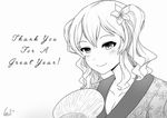  blush breasts cleavage commentary english english_commentary eyebrows_visible_through_hair fan floral_print flower greyscale hair_flower hair_ornament japanese_clothes kantai_collection kashima_(kantai_collection) kimono medium_breasts monochrome new_year paper_fan signature smile solo twintails uchiwa wangphing wavy_hair 