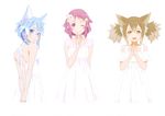  :d ;d absurdres animal_ears arm_behind_back arms_behind_back blue_eyes blue_hair brown_eyes brown_hair cat_ears collarbone dress finger_to_mouth flower hair_between_eyes hair_flower hair_ornament hands_together highres index_finger_raised lisbeth lisbeth_(sao-alo) long_hair looking_back multiple_girls one_eye_closed open_mouth parted_lips pink_hair red_eyes short_hair_with_long_locks short_sleeves sidelocks silica silica_(sao-alo) simple_background sinon sinon_(sao-alo) sleeveless sleeveless_dress smile standing sword_art_online white_background white_dress 