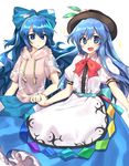  2girls :d :o alternate_eye_color apron blue_bow blue_eyes blue_hair blue_skirt blush bow cheunes debt food fruit hair_bow hat highres hinanawi_tenshi hood hood_down hoodie huge_bow leaf long_hair looking_at_another looking_at_viewer multiple_girls open_mouth peach puffy_short_sleeves puffy_sleeves shirt short_sleeves skirt smile sparkle string touhou v-shaped_eyebrows very_long_hair waist_apron white_shirt wrist_grab yorigami_shion 