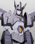  80s closed_mouth commentary_request cyclonus decepticon frown horns insignia looking_at_viewer mecha no_humans oldschool red_eyes shigeno_shuo simple_background solo standing transformers 