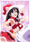  :d bag black_hair blue_eyes breasts capelet crop_top fur_trim happy_birthday hat hibike!_euphonium highres holding holding_bag large_breasts long_hair looking_at_viewer merry_christmas midriff miniskirt navel nii_manabu open_mouth red-framed_eyewear red_capelet red_hat red_skirt sack santa_costume santa_hat semi-rimless_eyewear skirt sleeveless smile solo stomach strapless tanaka_asuka wrist_cuffs 