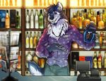  2018 alcohol anthro beverage canine claws clothed clothing detailed_background digital_drawing_(artwork) digital_media_(artwork) ear_piercing fur grey_fur kevintheradioguy looking_at_viewer male mammal noah_(kevintheradioguy) open_mouth piercing smile solo standing teeth tongue white_fur wolf 