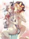  2girls abigail_williams_(fate/grand_order) bath_stool bathing black_bow blonde_hair blue_eyes blush bow breasts bubble commentary_request fate/grand_order fate_(series) hair_bow hands_on_another's_shoulders heart horn lavinia_whateley_(fate/grand_order) long_hair mirui multiple_girls nude octopus open_mouth orange_bow red_eyes shampoo_hat shower_cap silver_hair sitting small_breasts spoken_interrobang stool very_long_hair 